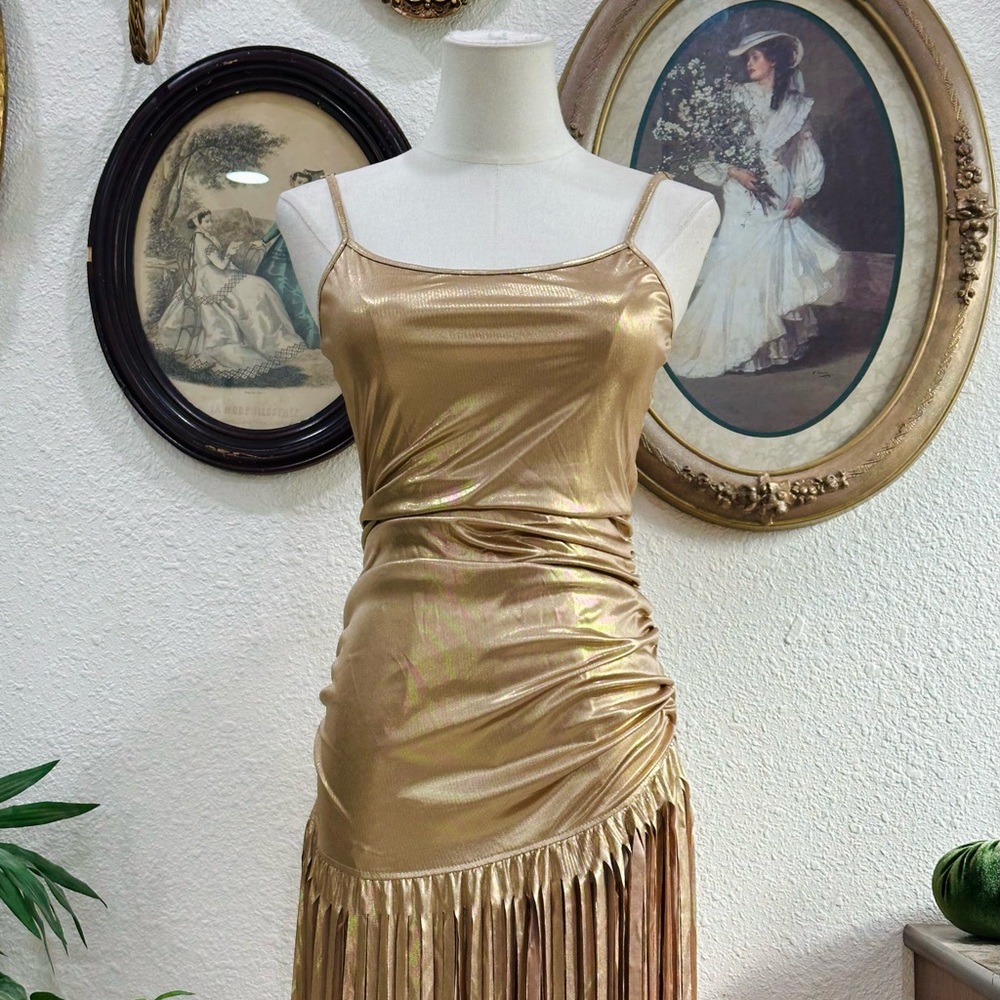 Gold Fringe Satin Evening Dress - Picture 6 of 8